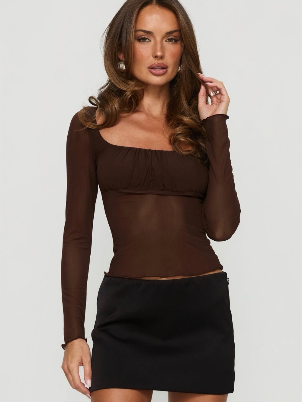 Princess Polly Brown Sheer Square-Neck Long Sleeve Top